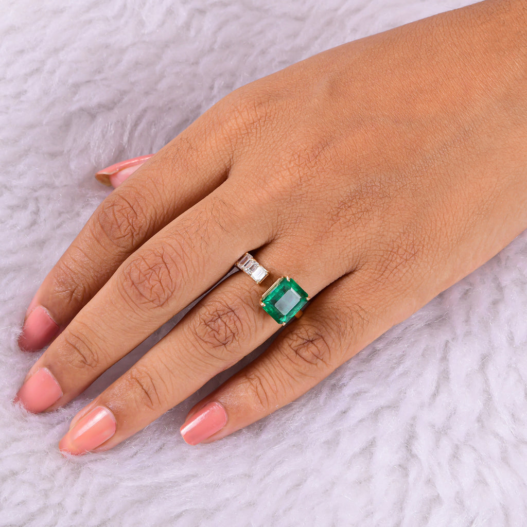 Natural Zambian Emerald Diamond Open Cuff Gold Ring