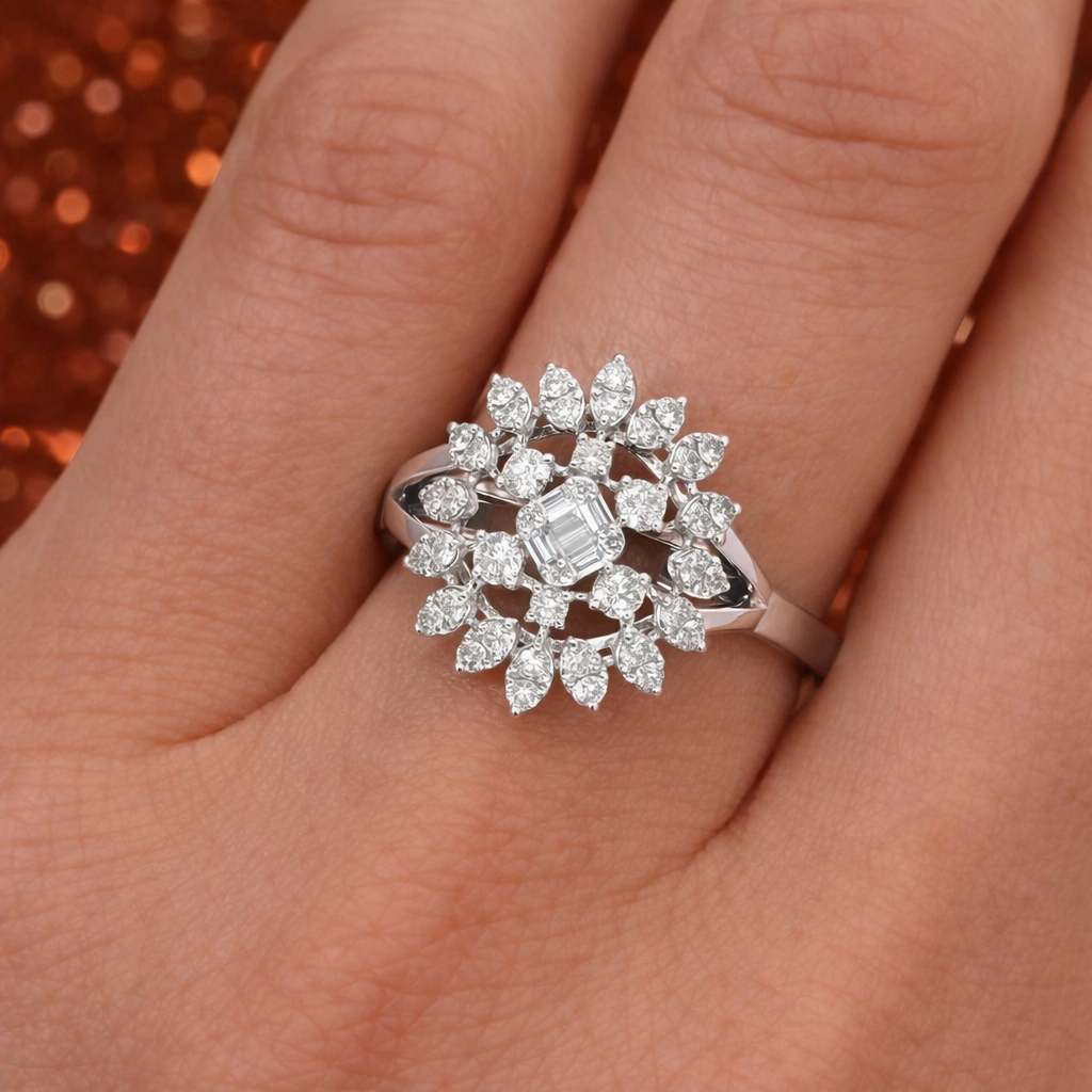 Baguette Round Natural Diamond Cocktail Gold Ring