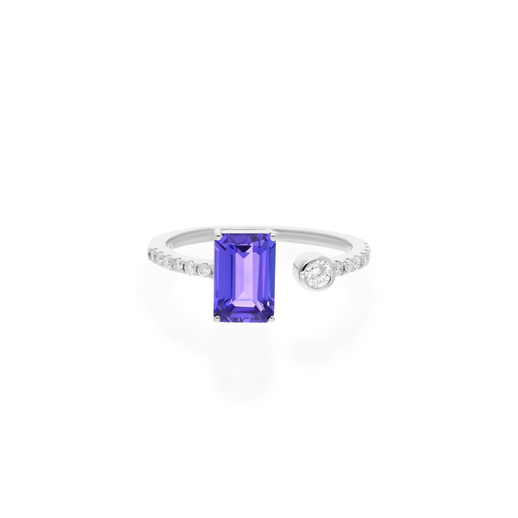 Handmade Emerald Cut Tanzanite Gemstone and Natural Diamond Open Cuff Ring