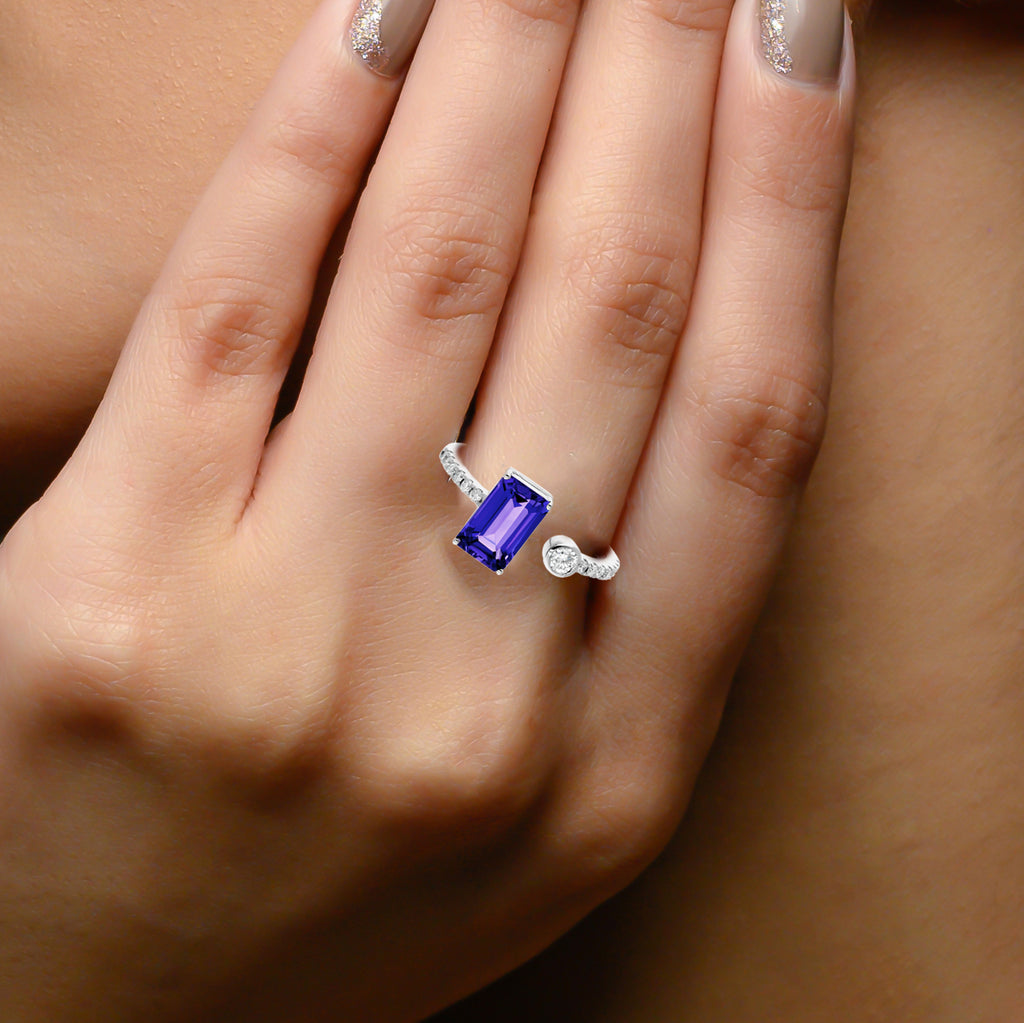 Handmade Emerald Cut Tanzanite Gemstone and Natural Diamond Open Cuff Ring