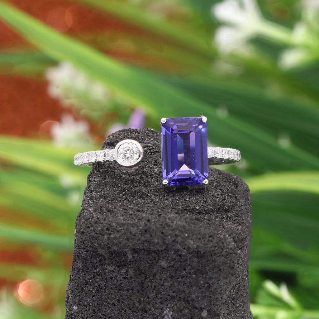 Handmade Emerald Cut Tanzanite Gemstone and Natural Diamond Open Cuff Ring
