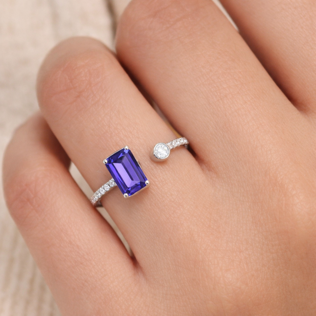 Tanzanite Diamond Cuff Ring 14K Gold Emerald Cut