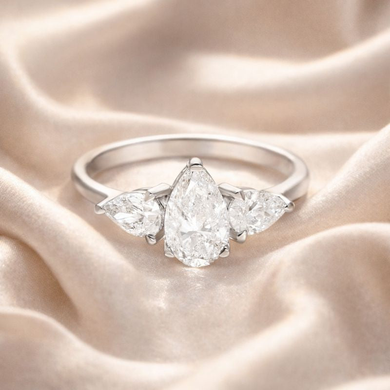 Three Stone Pear Shaped Natural Diamond Engagement Ring