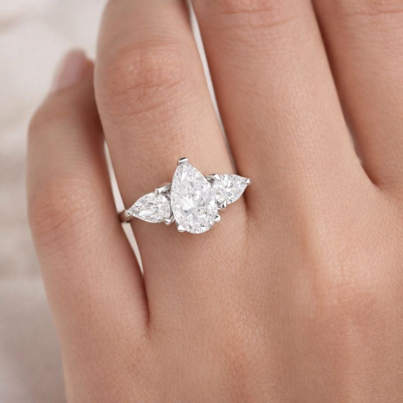 Three Stone Pear Shaped Natural Diamond Engagement Ring
