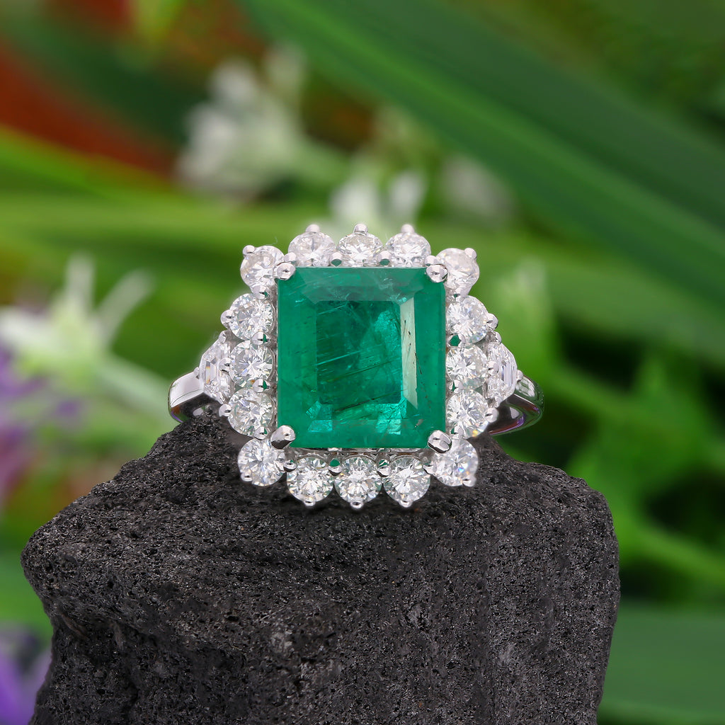 5.16Tcw Octagon Cut Zambian Emerald Halo Diamond Engagement Gold Ring Jewelry