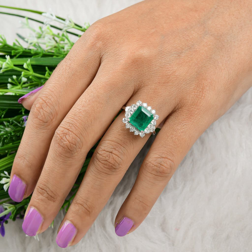 5.16Tcw Octagon Cut Zambian Emerald Halo Diamond Engagement Gold Ring Jewelry