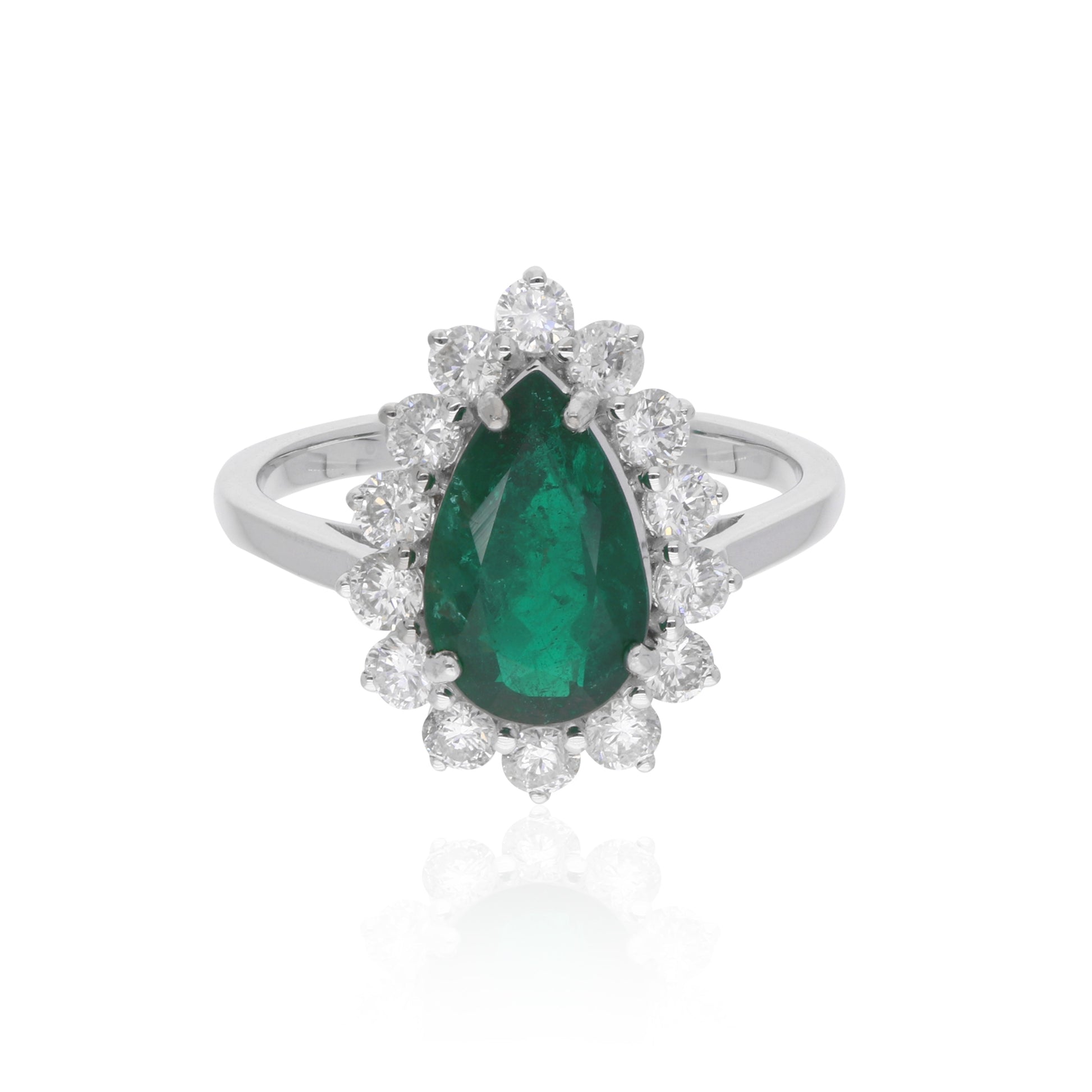 2.92 Tcw Natural H/SI Diamond Pear Zambian Emerald Gold Wedding Halo Ring