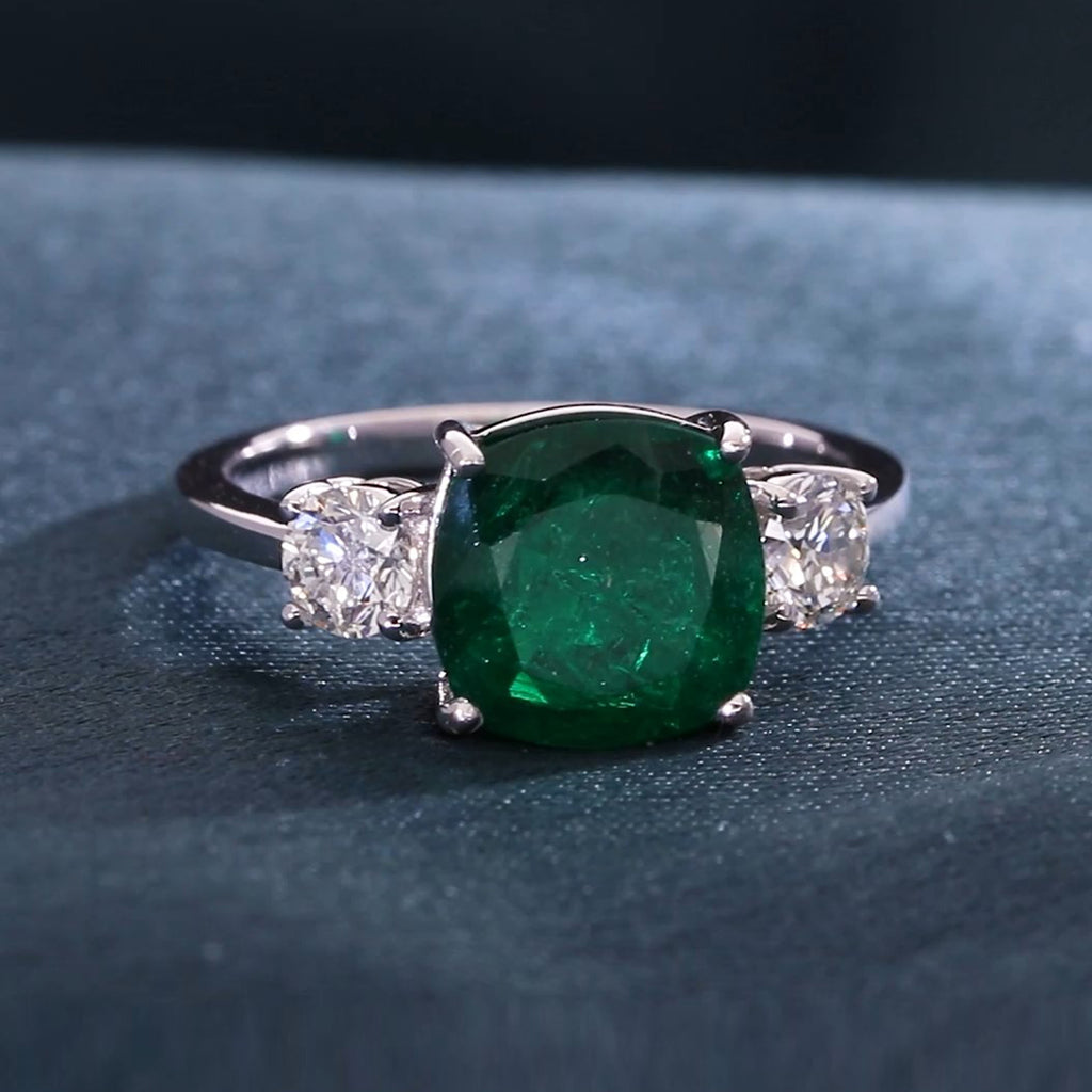 Three Stone 3.3Tcw Zambian Emerald Diamond Anniversary Fine Gold Ring