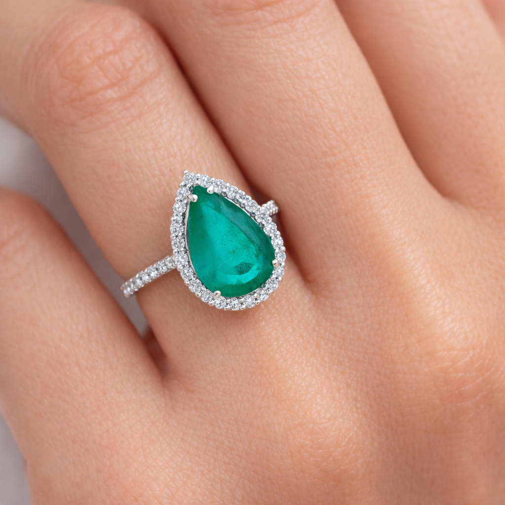 Pear Zambian Emerald Diamond Halo Ring in Fine Gold