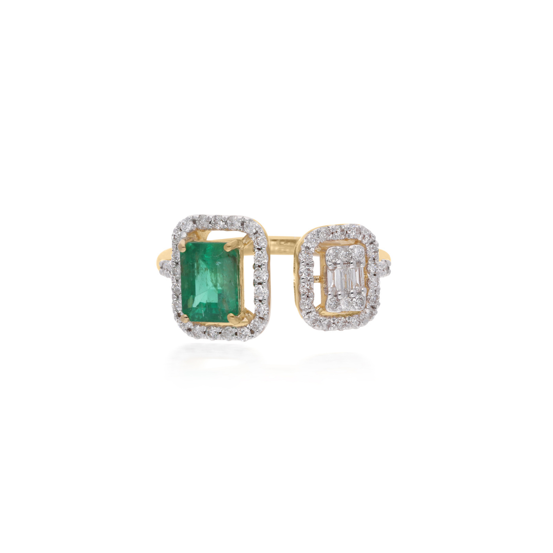 1.62Tcw Zambian Emerald Diamond Open Cuffs Open Gold Ring Jewelry