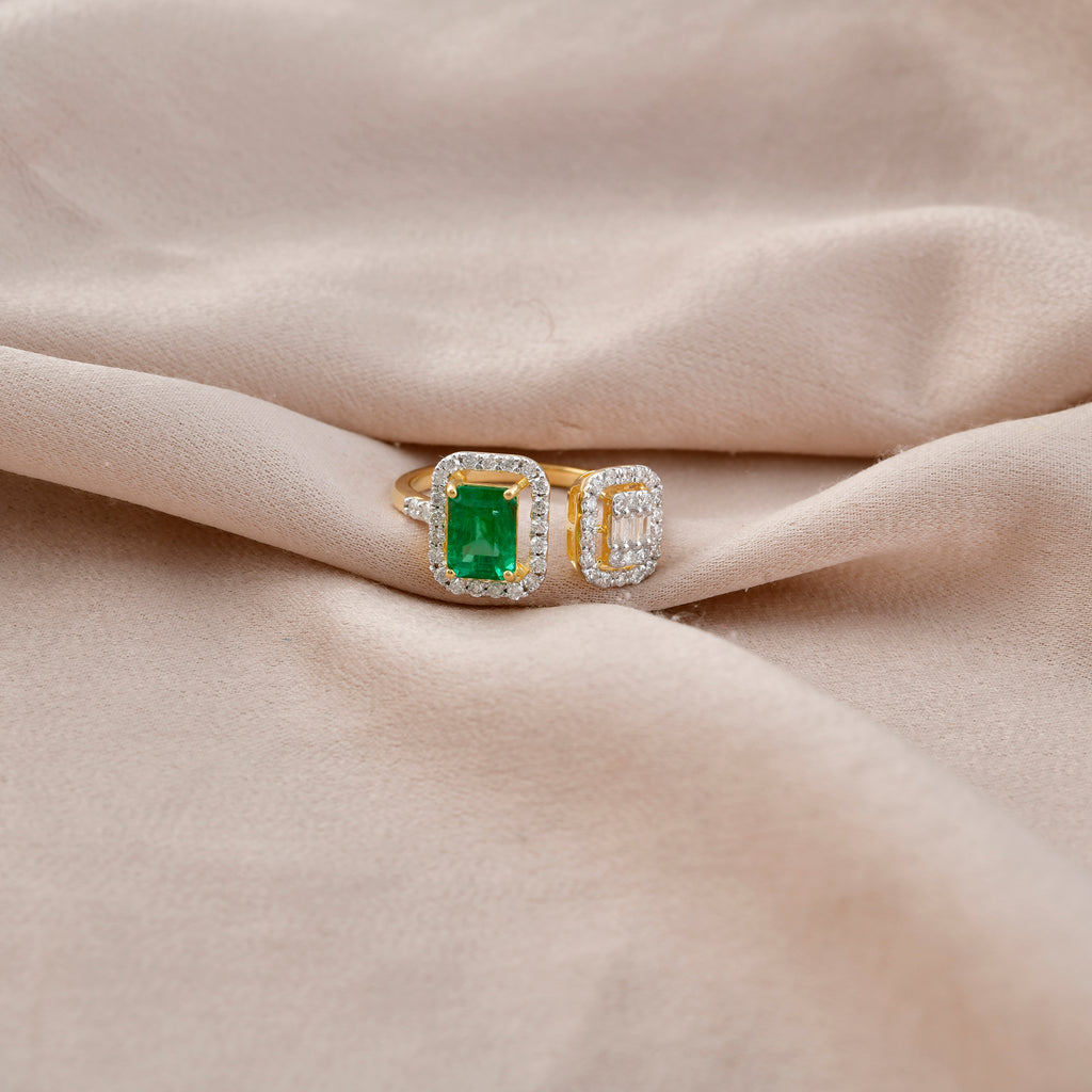 1.62Tcw Zambian Emerald Diamond Open Cuffs Open Gold Ring Jewelry