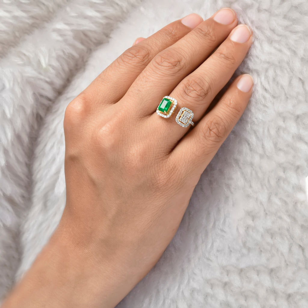 1.62Tcw Zambian Emerald Diamond Open Cuffs Open Gold Ring Jewelry