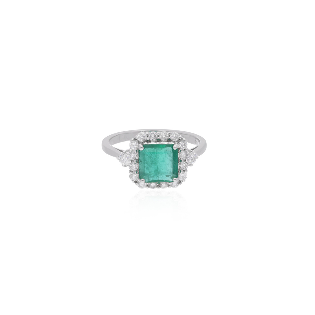 Certified 2.09Tcw Zambian Emerald Halo Diamond Engagement Gold Ring