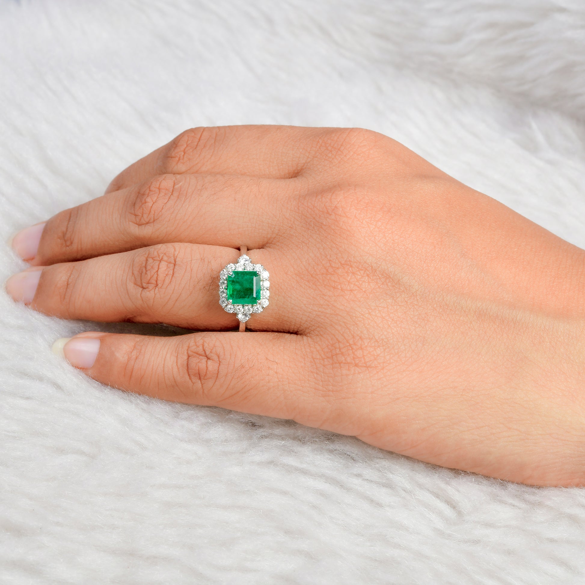 Certified 2.09Tcw Zambian Emerald Halo Diamond Engagement Gold Ring