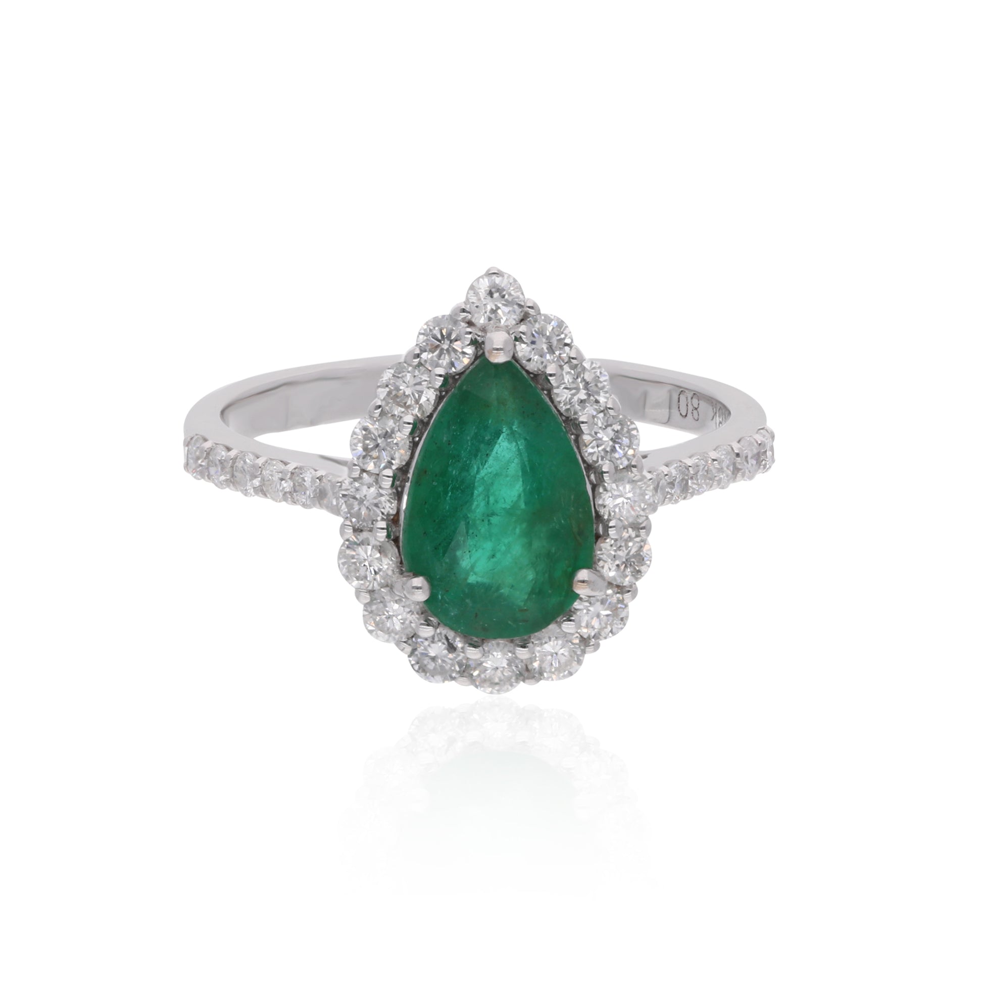 Pear Shaped Emerald Gemstone SI Clarity HI Color Diamond Halo Fine Gold Ring