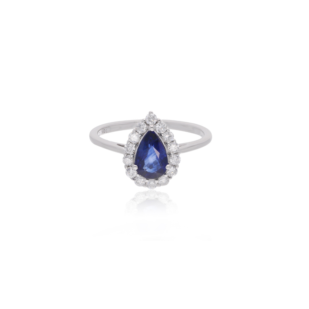 Handmade 1.58Tcw Pear Cut Blue Sapphire Gemstone Halo Diamond Gold Ring