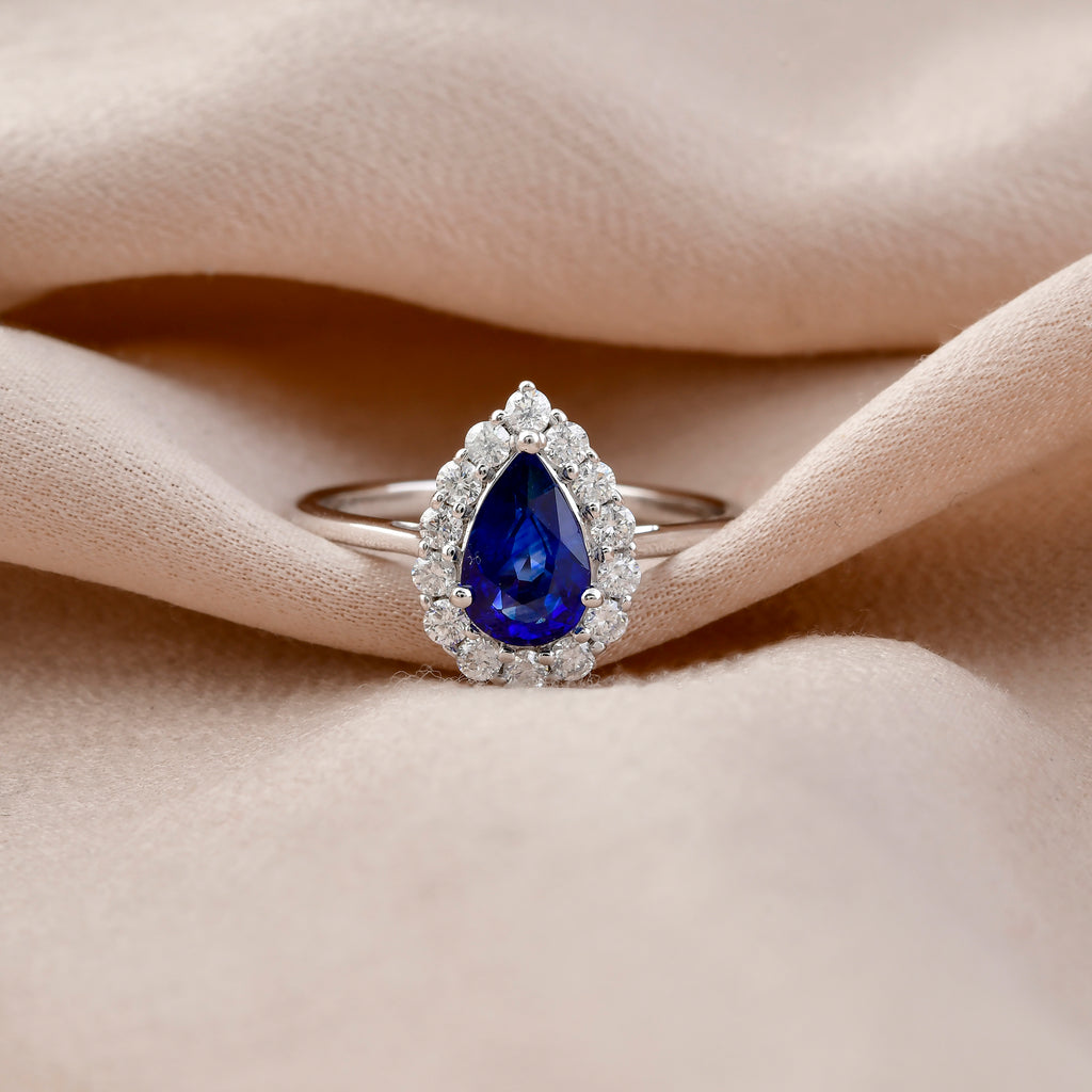 Handmade 1.58Tcw Pear Cut Blue Sapphire Gemstone Halo Diamond Gold Ring