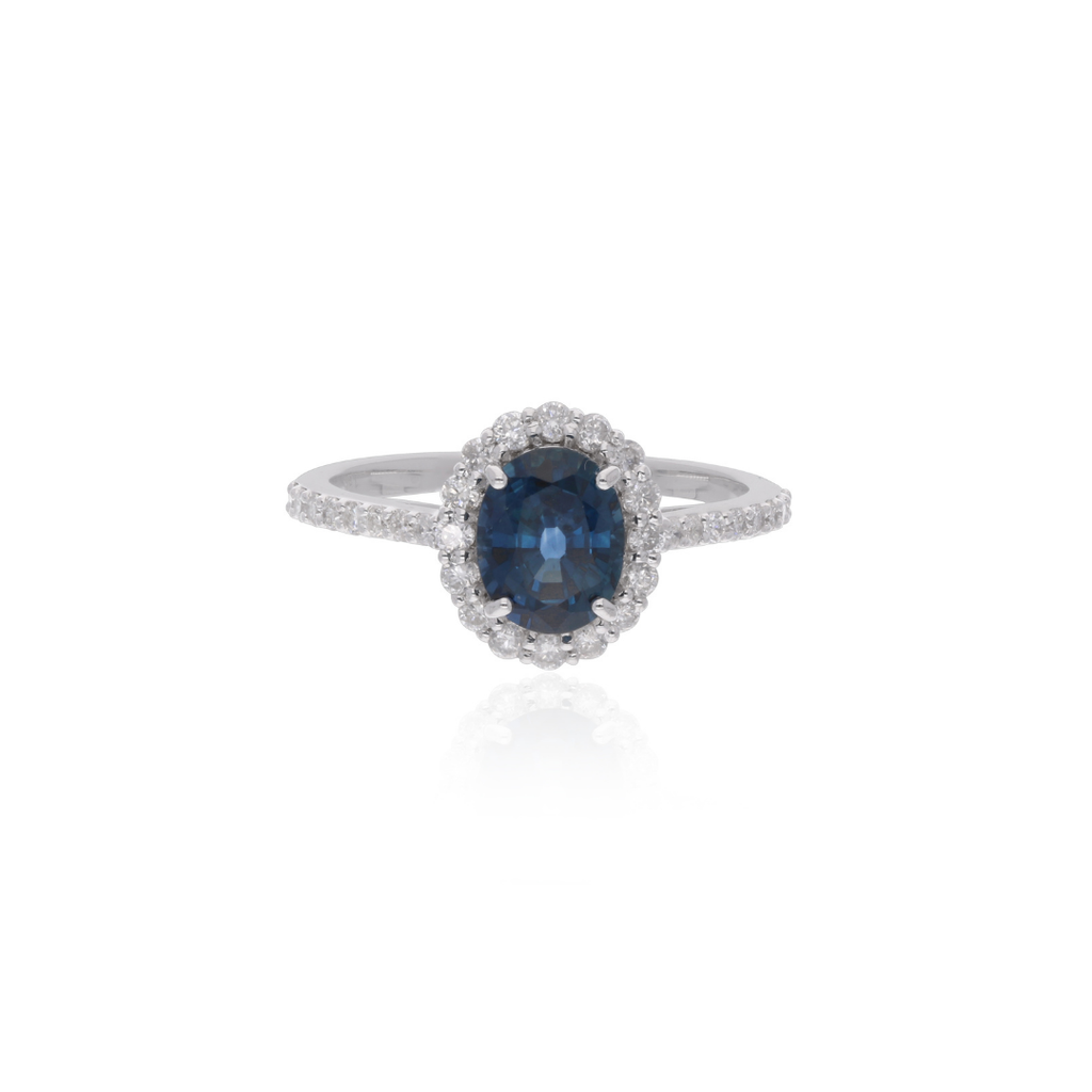 Oval Cut 1.99Tcw HI/SI Blue Sapphire Halo Diamond Solid Gold Ring