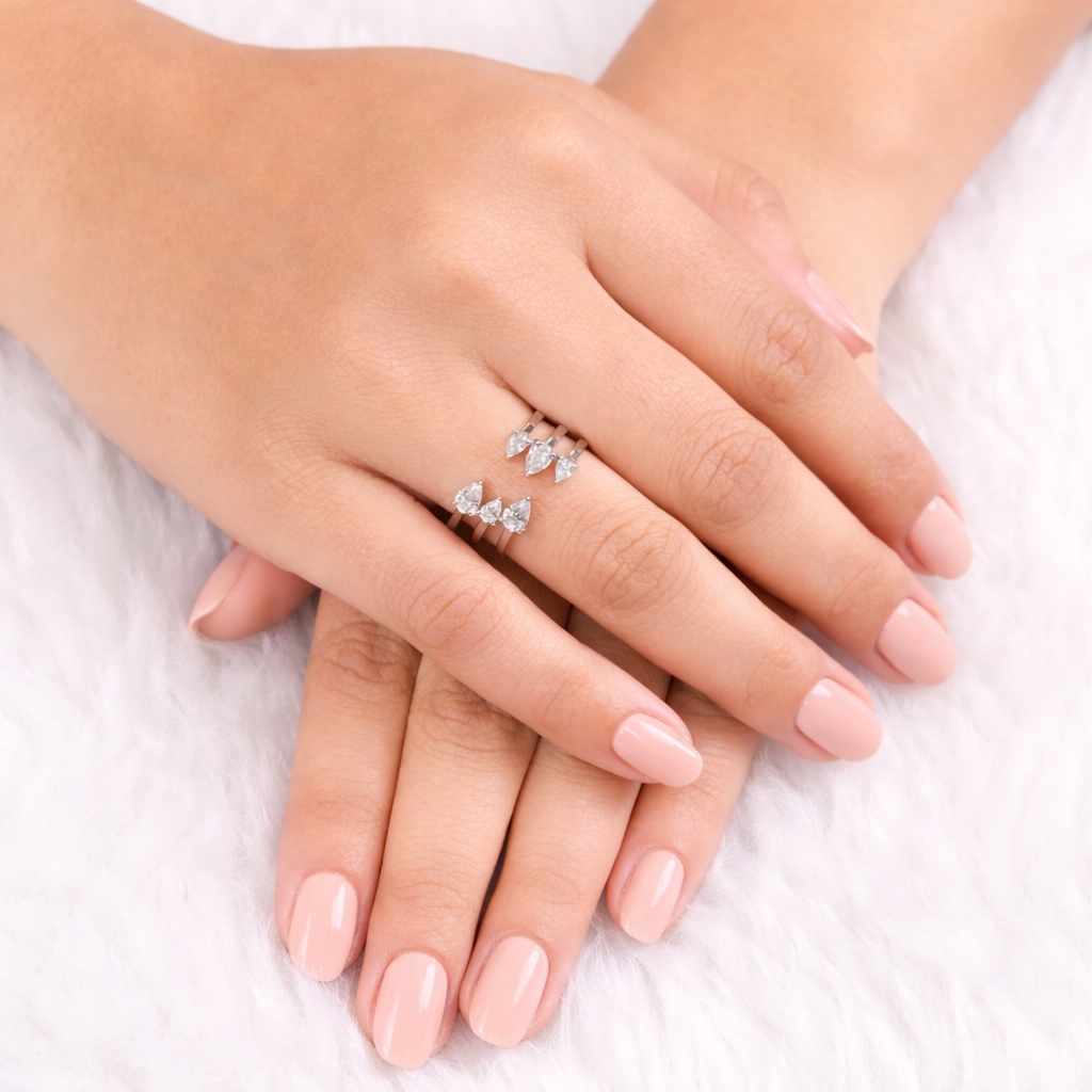 Triple Row Pear Cut Diamond Open Band Cuff Ring