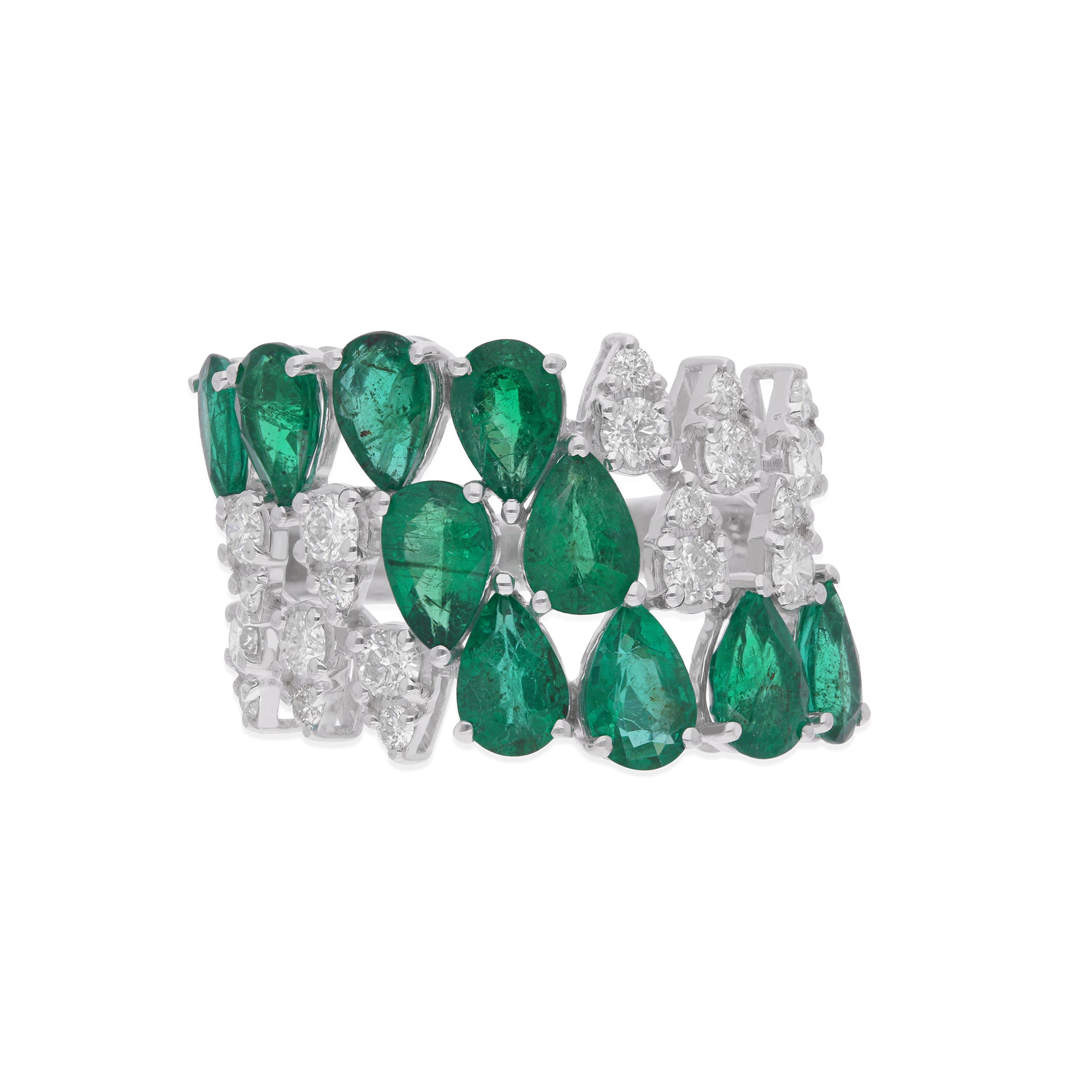 Zambian Emerald Pear Cut 4.40 Tcw Natural H/SI Diamond Gold Cluster Ring