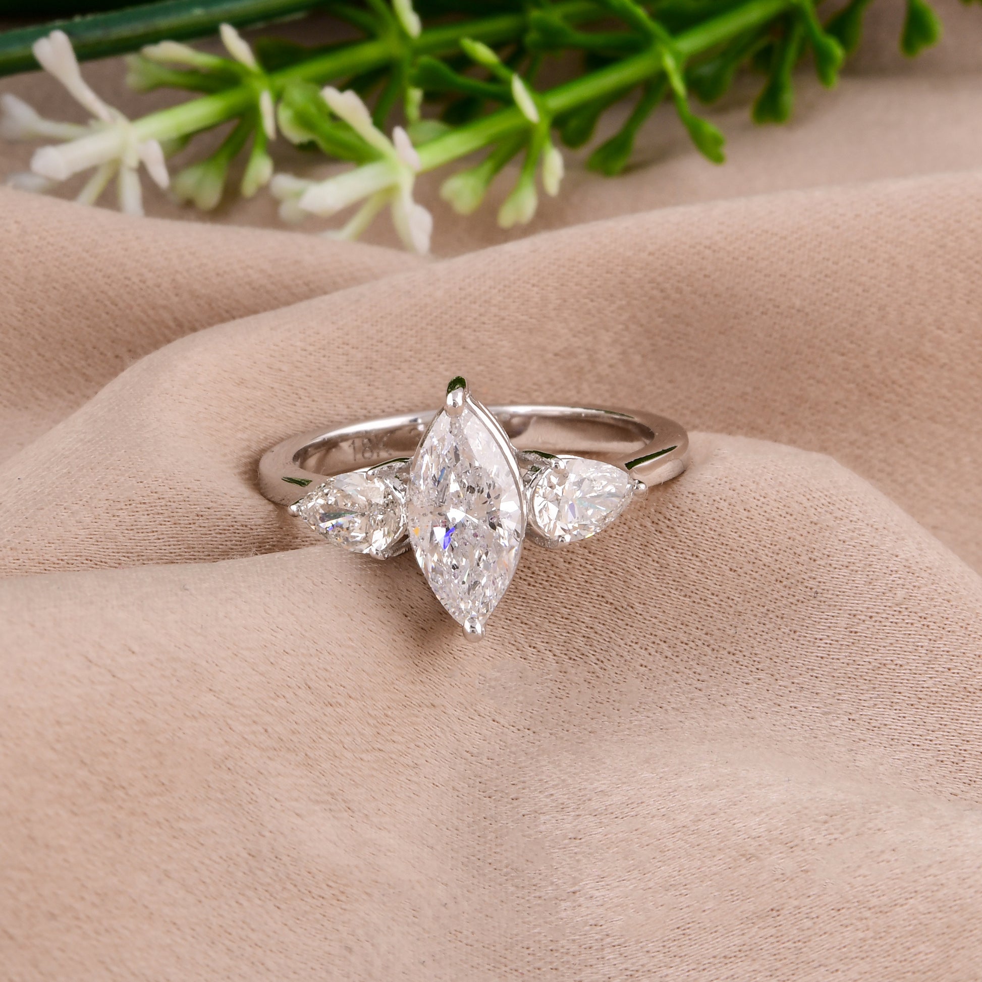 Three Stone 1.64 Carat Marquise & Pear Diamond Gold Ring Jewelry