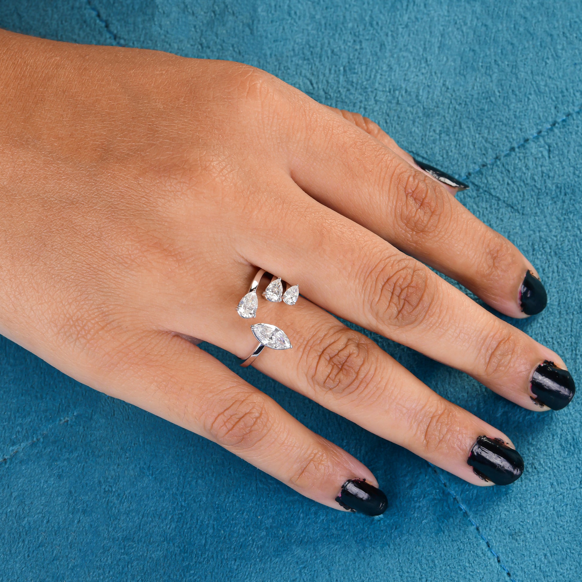 Natural H/SI 1.18Ct Pear Marquise Diamond Cuff Open Gold Ring