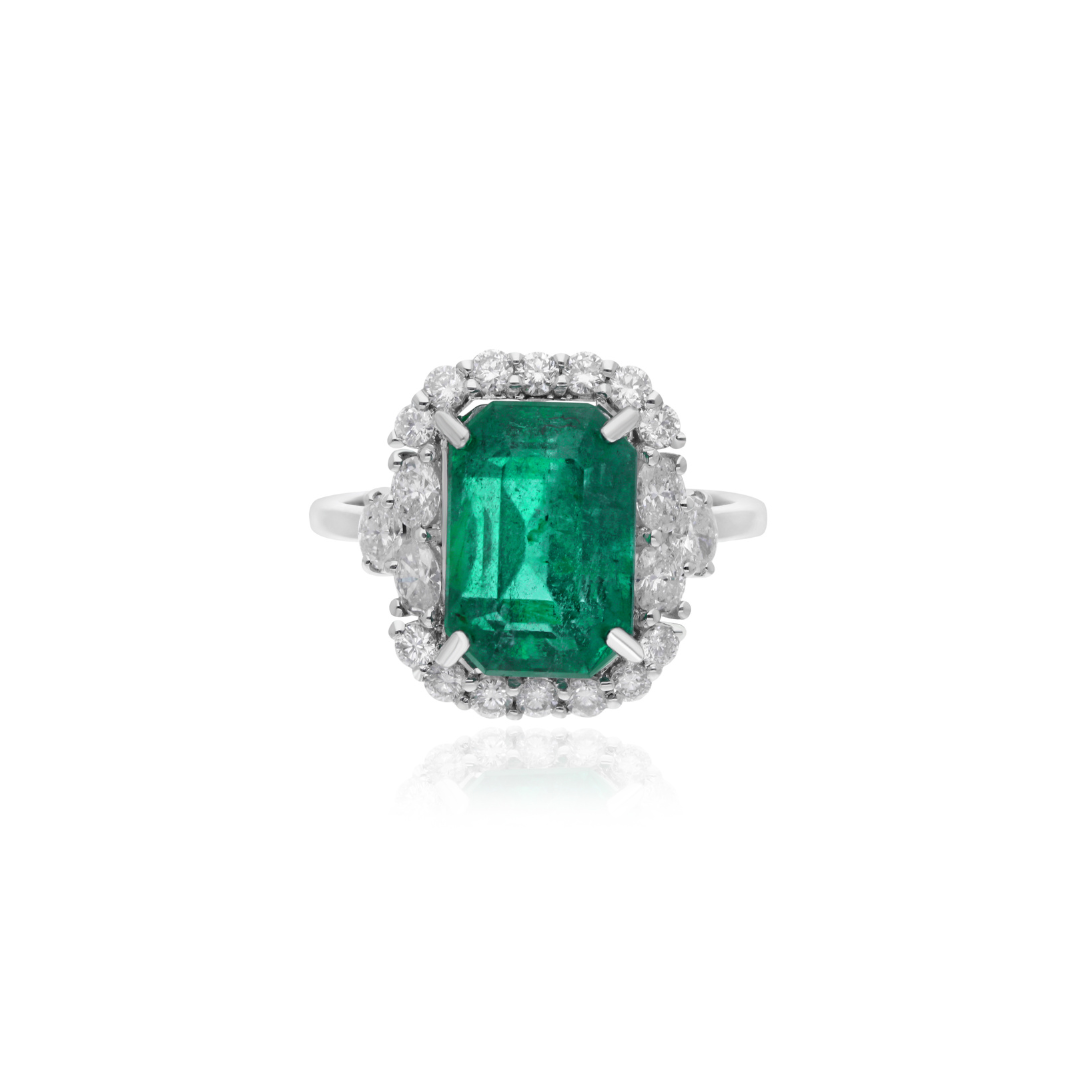 Octagon Cut Zambian Emerald Solid Gold 6.41 Tcw Diamond Engagement Halo Ring