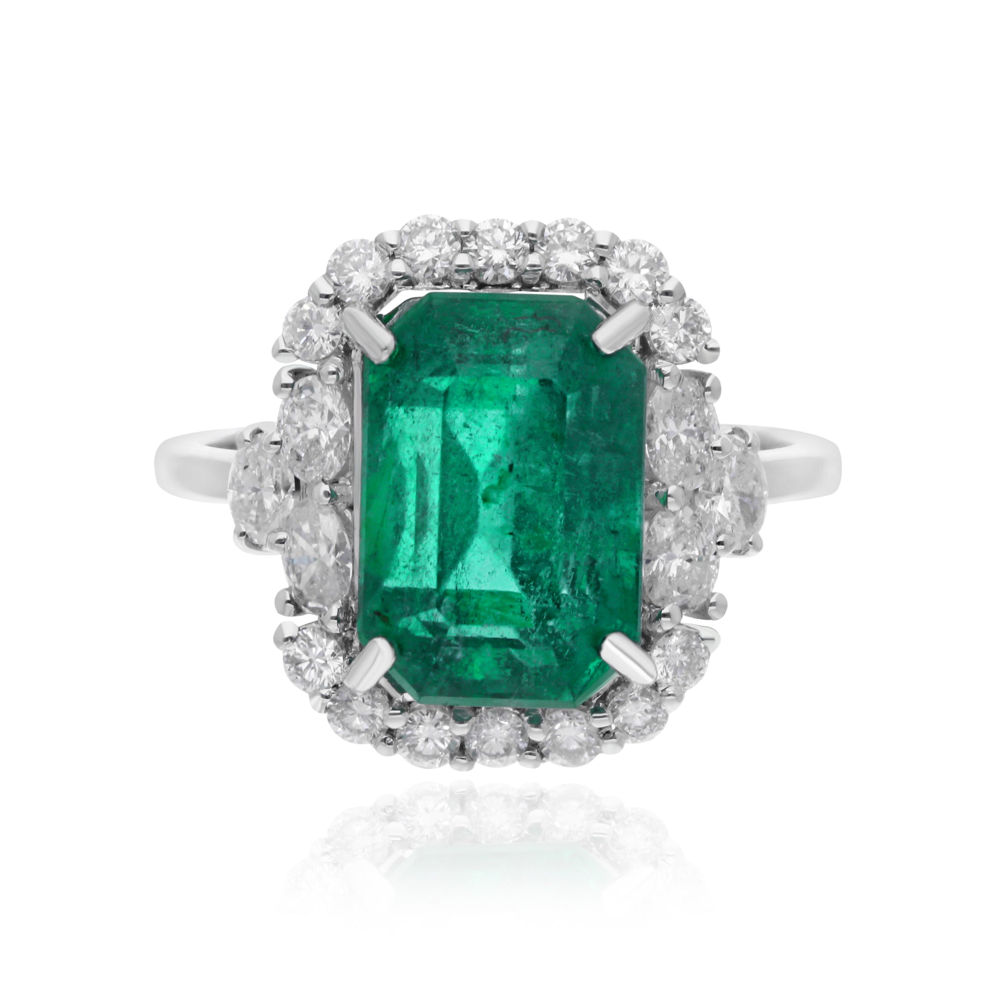 Octagon Cut Zambian Emerald Solid Gold 6.41 Tcw Diamond Engagement Halo Ring