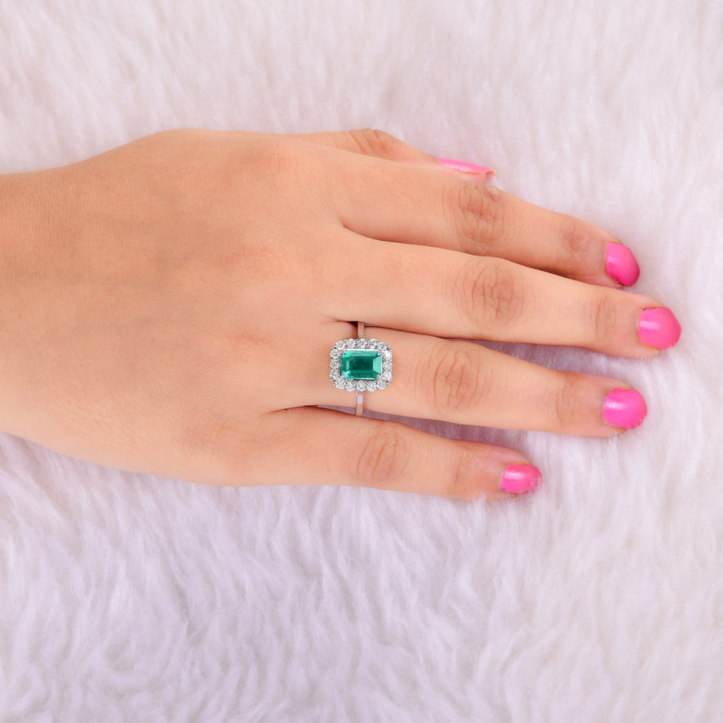 Genuine 2.00Tcw Zambian Emerald Halo Diamond Engagement Gold Ring