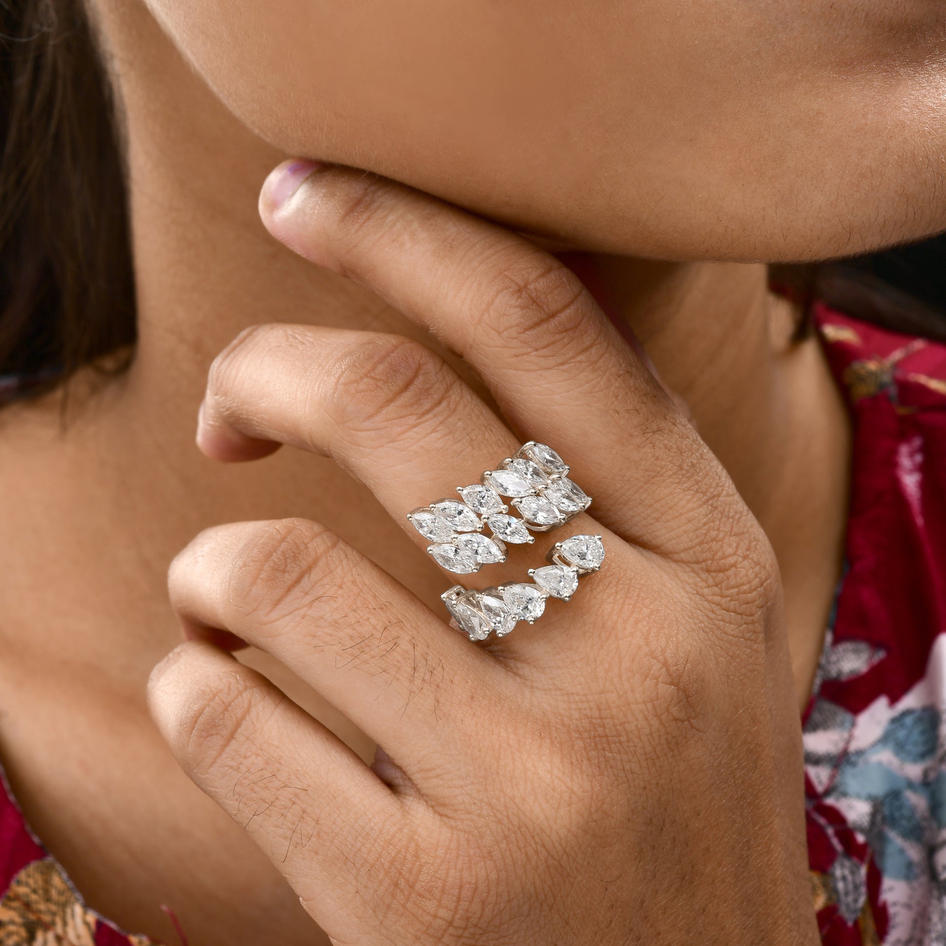 Marquise Pear Cut 3.8Ct Natural Diamond Crossover Gold Anniversary Ring