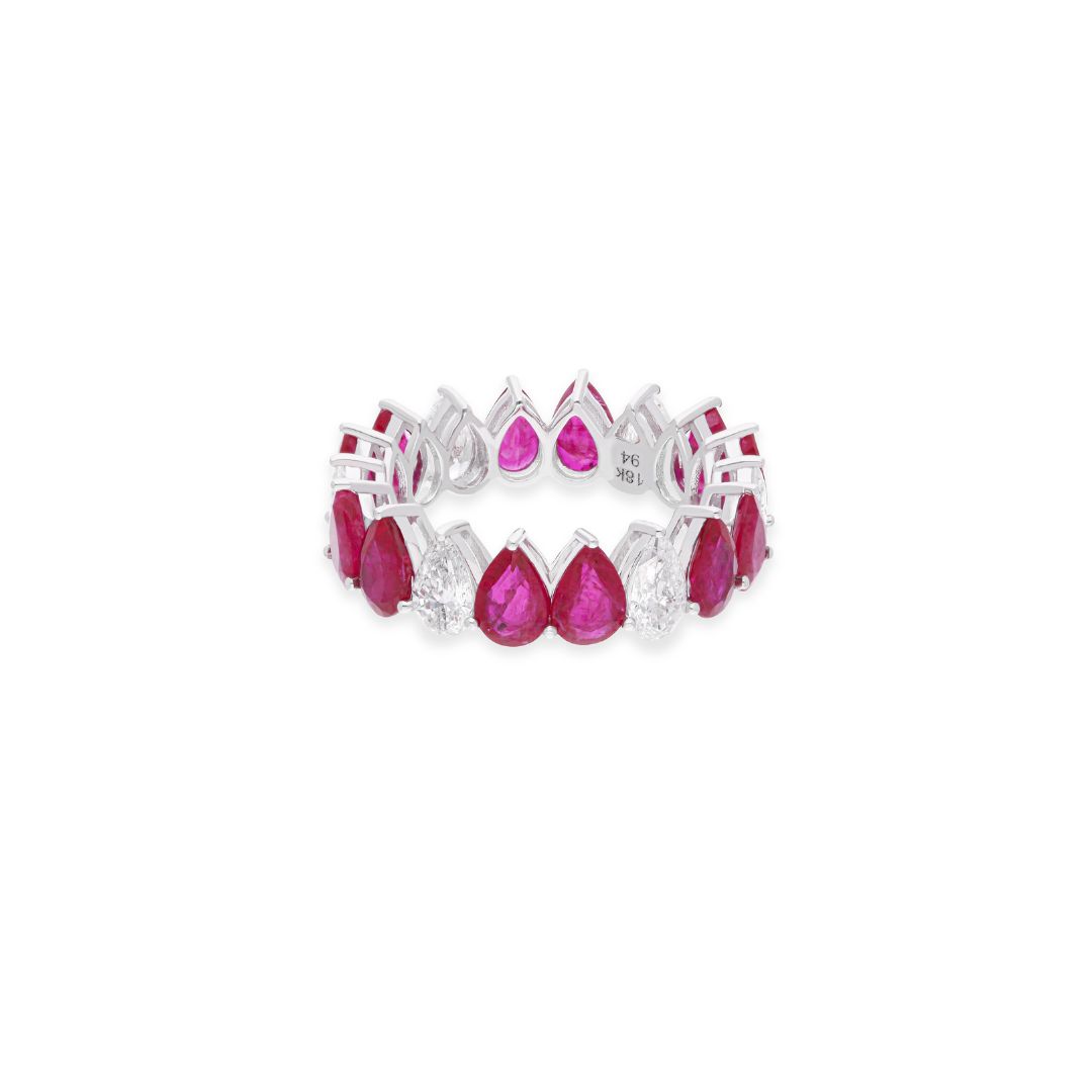Fine Gold Handmade Pear Ruby SI & HI Diamond Eternity Band Ring
