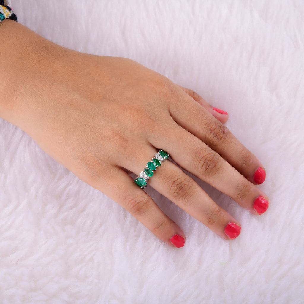 Gold 5.10 Ct Genuine Pear Cut Emerald & Diamond Eternity Engagement Stacking Ring