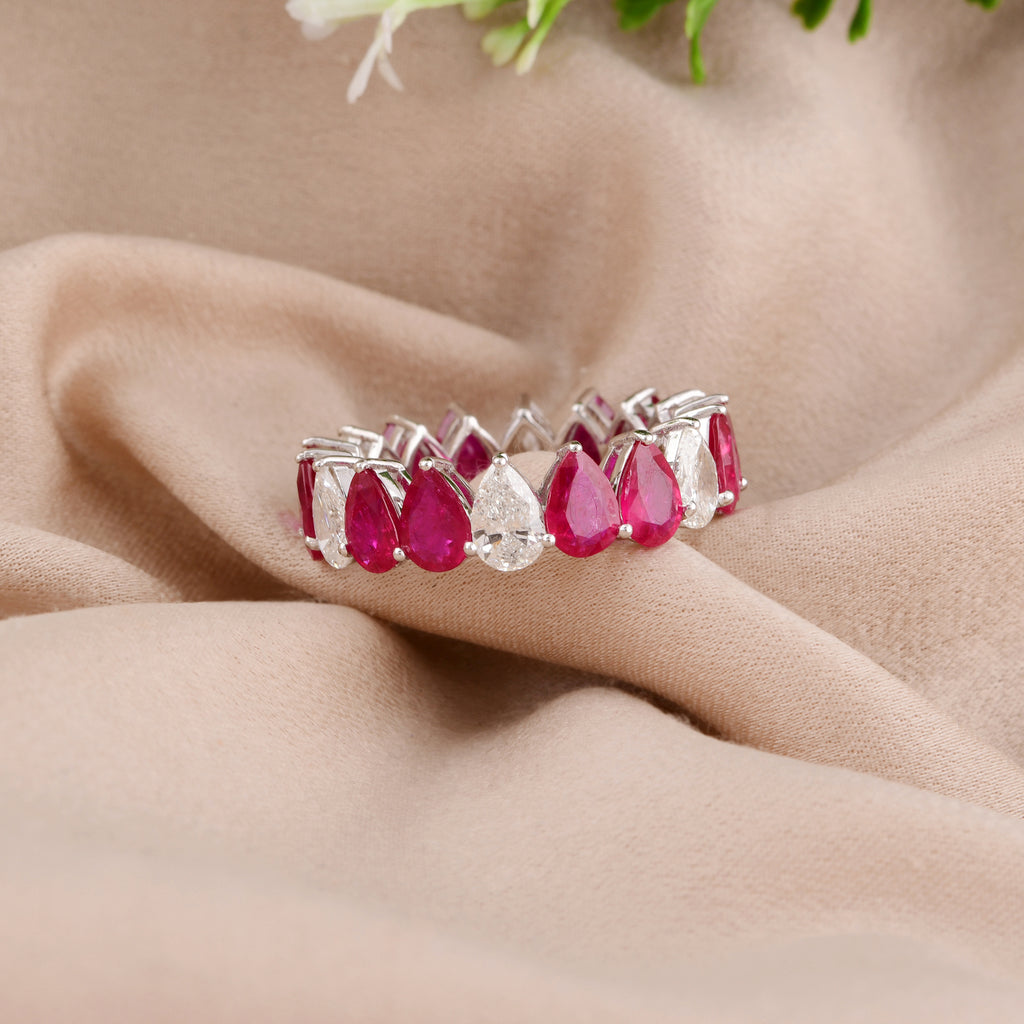 Fine Gold Handmade Pear Ruby SI & HI Diamond Eternity Band Ring