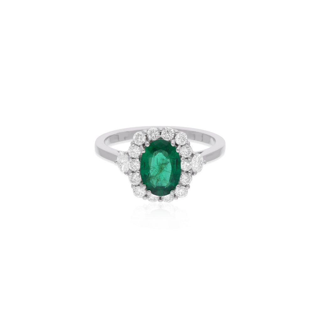 Oval Cut 1.41 Carat Halo Emerald & Diamond Engagement Gold Ring