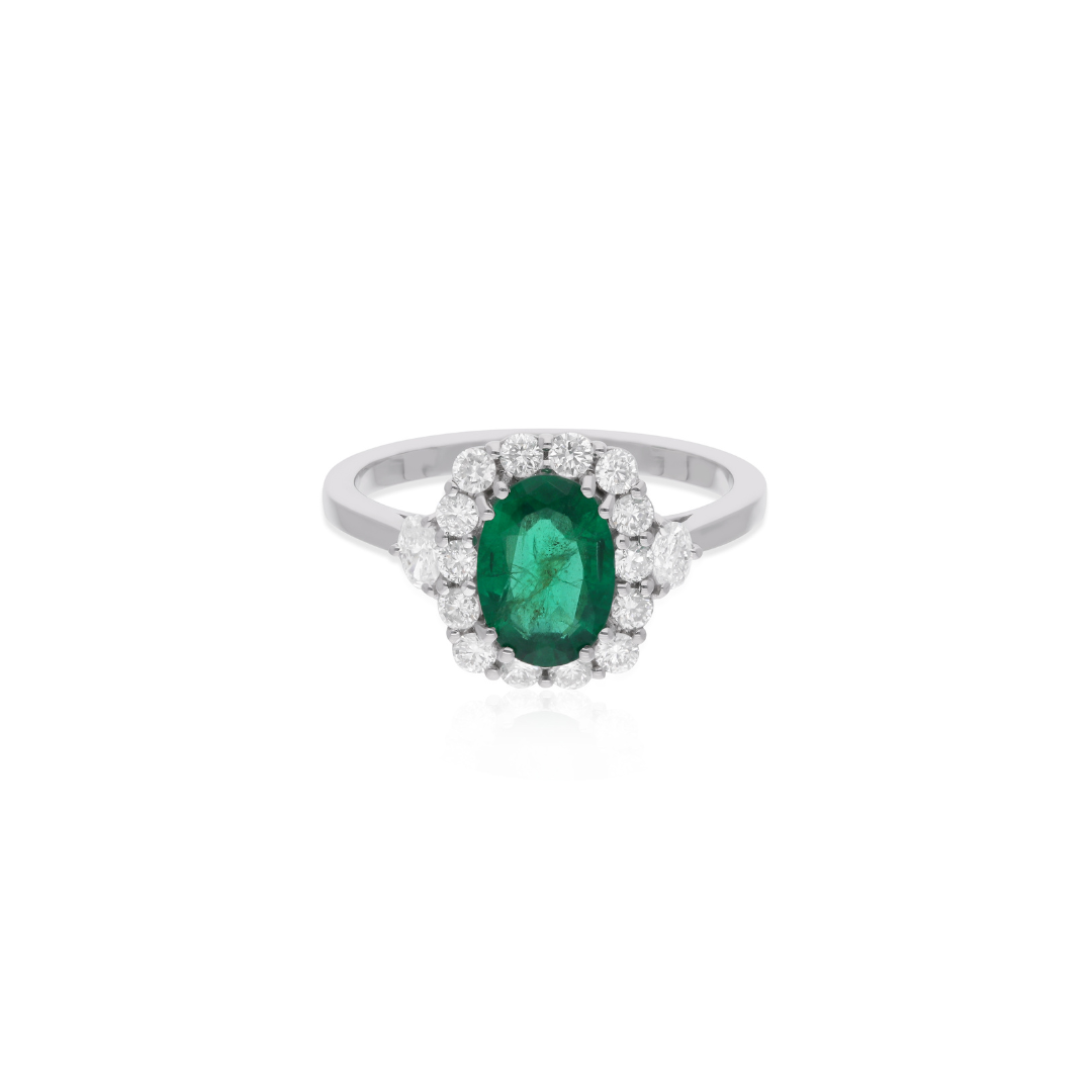 Oval Cut 1.41 Carat Halo Emerald & Diamond Engagement Gold Ring