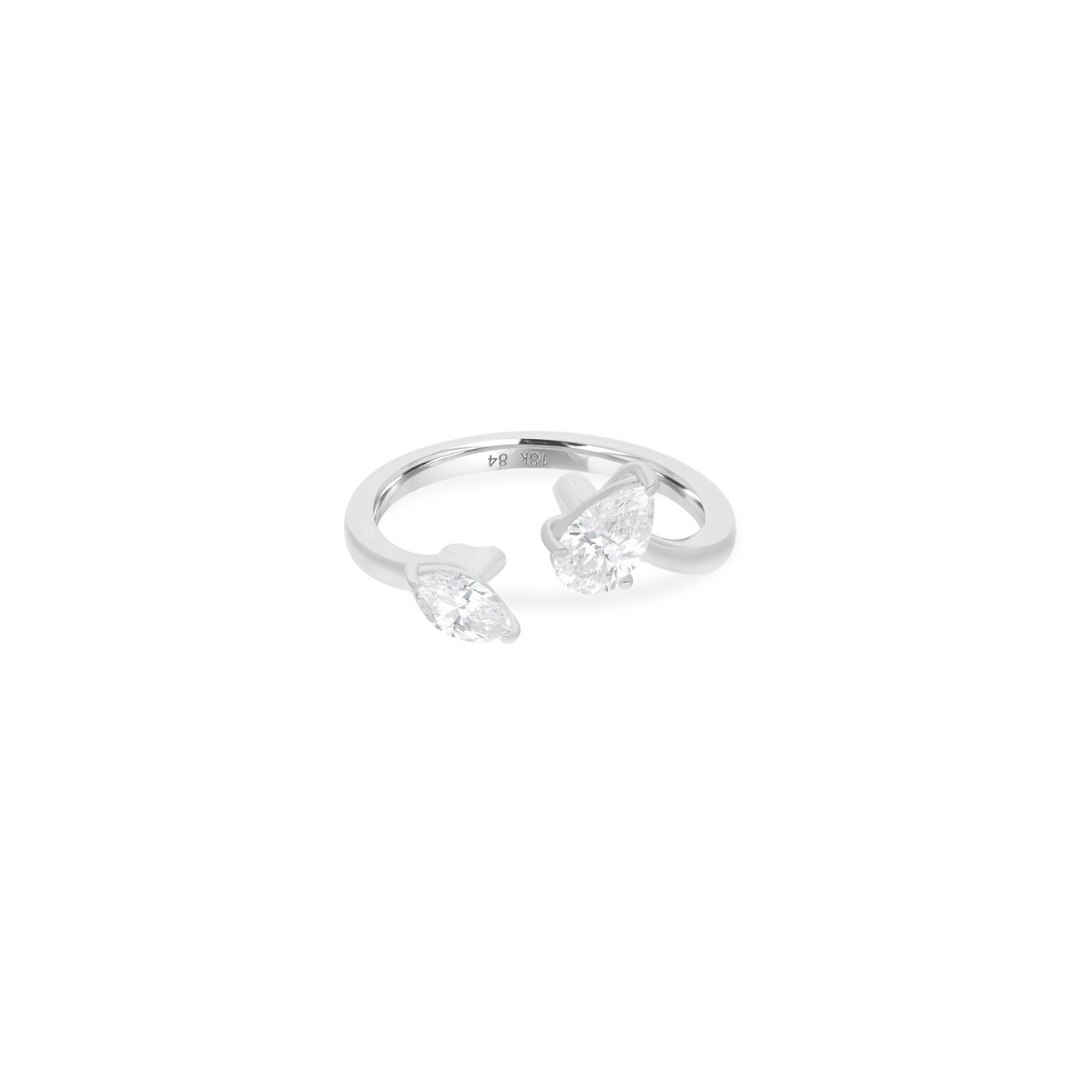 Gold Two Stone Pear Marquise Cut Diamond Cuff Open Ring