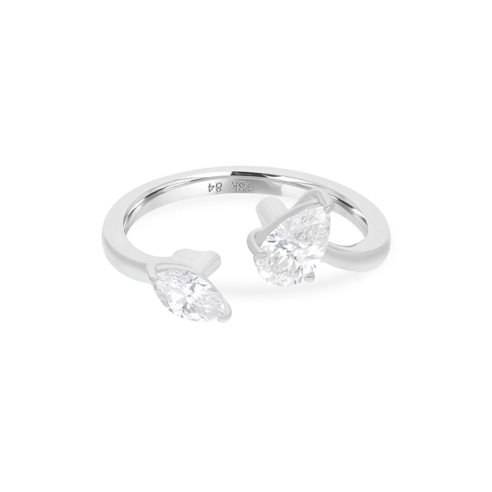Gold Two Stone Pear Marquise Cut Diamond Cuff Open Ring
