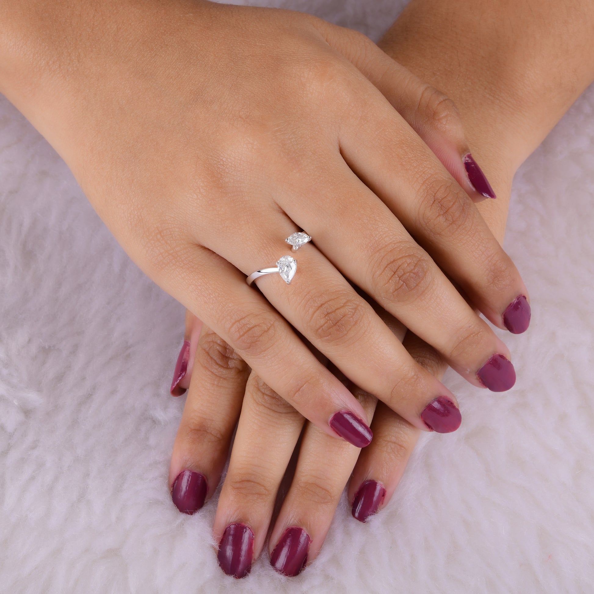 Gold Two Stone Pear Marquise Cut Diamond Cuff Open Ring