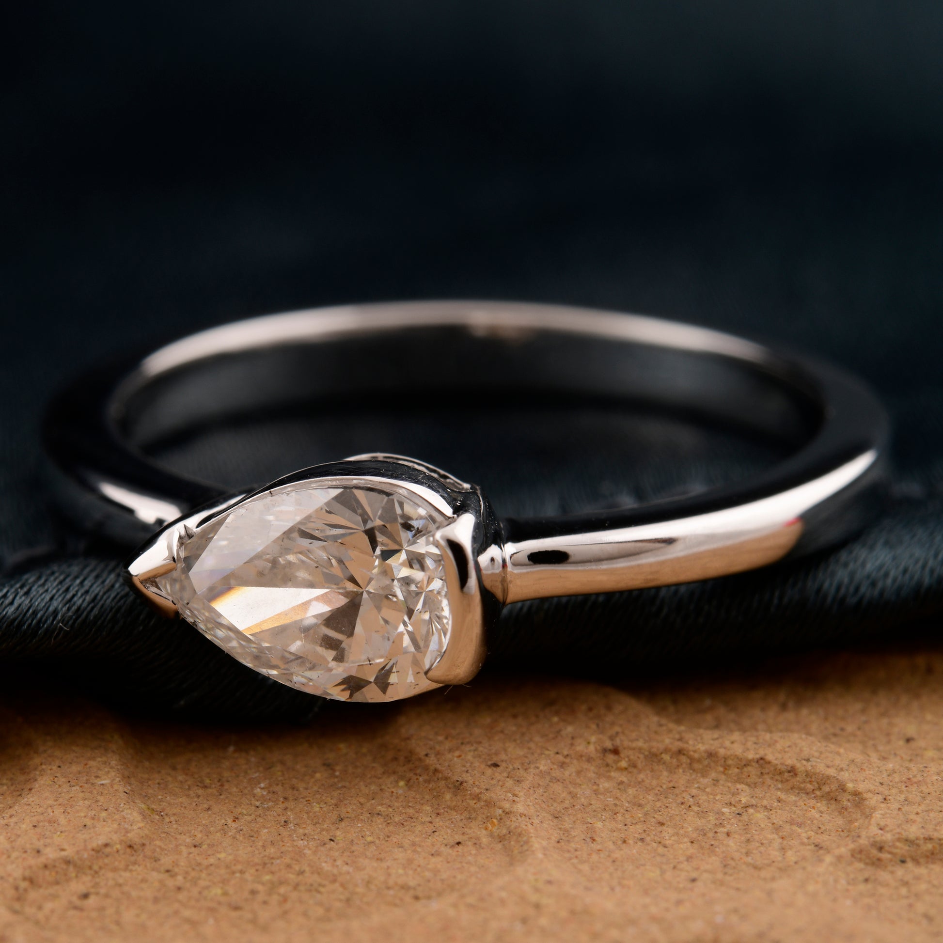 Solitaire Pear Cut Natural Diamond Ring in Fine Gold