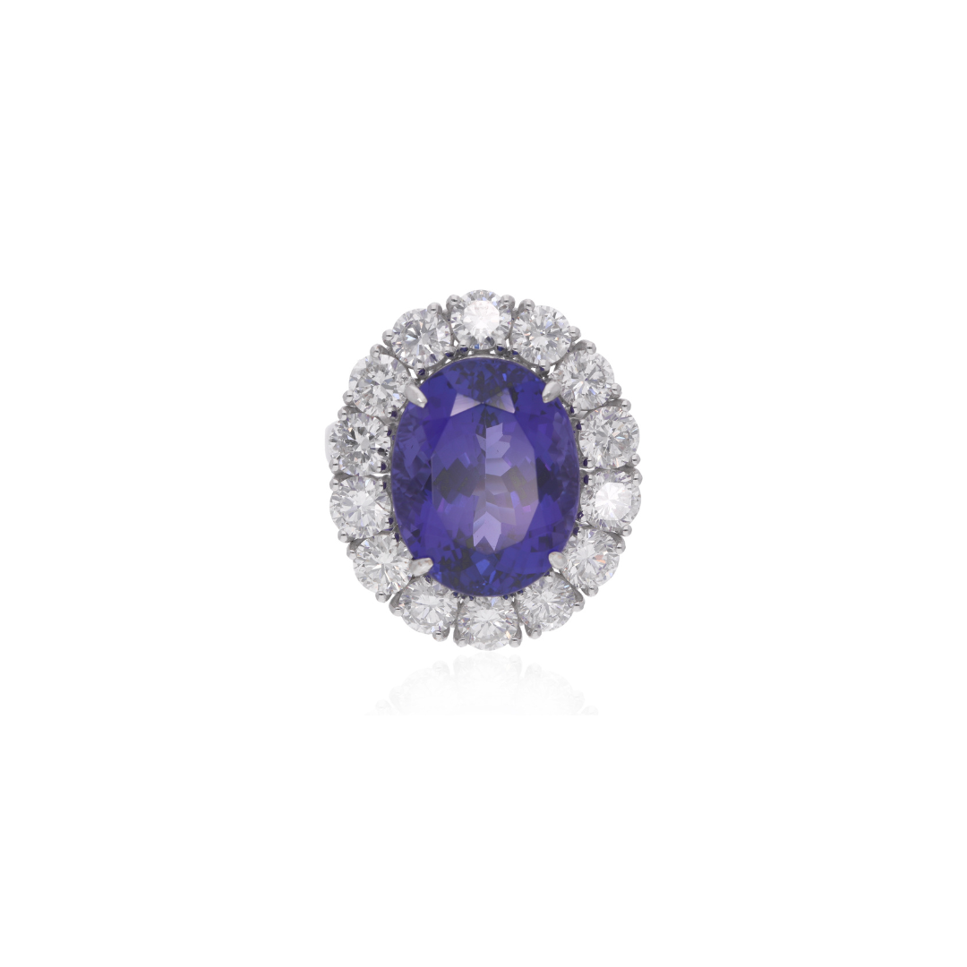 15.62 Tcw Natural SI/H Diamond Oval Tanzanite Gemstone Gold Halo Ring