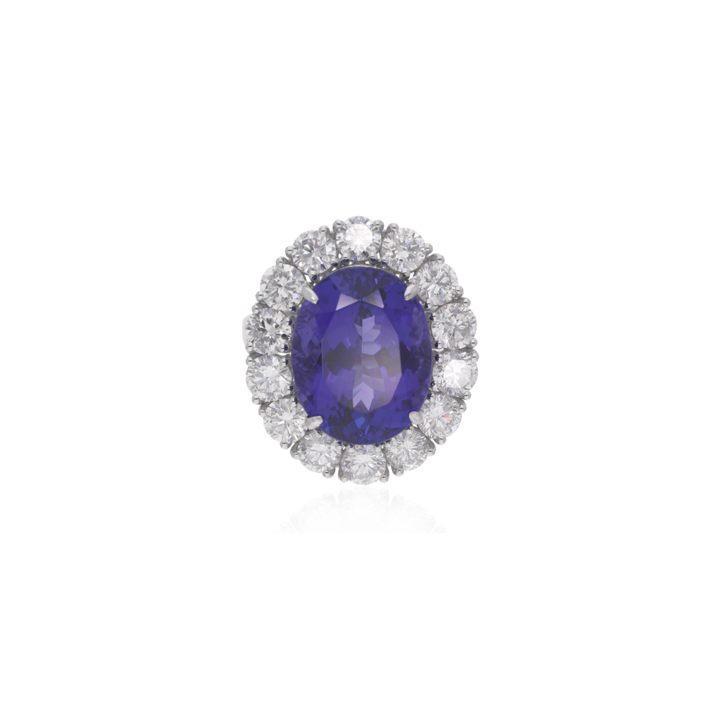 15.62 Tcw Natural SI/H Diamond Oval Tanzanite Gemstone Gold Halo Ring