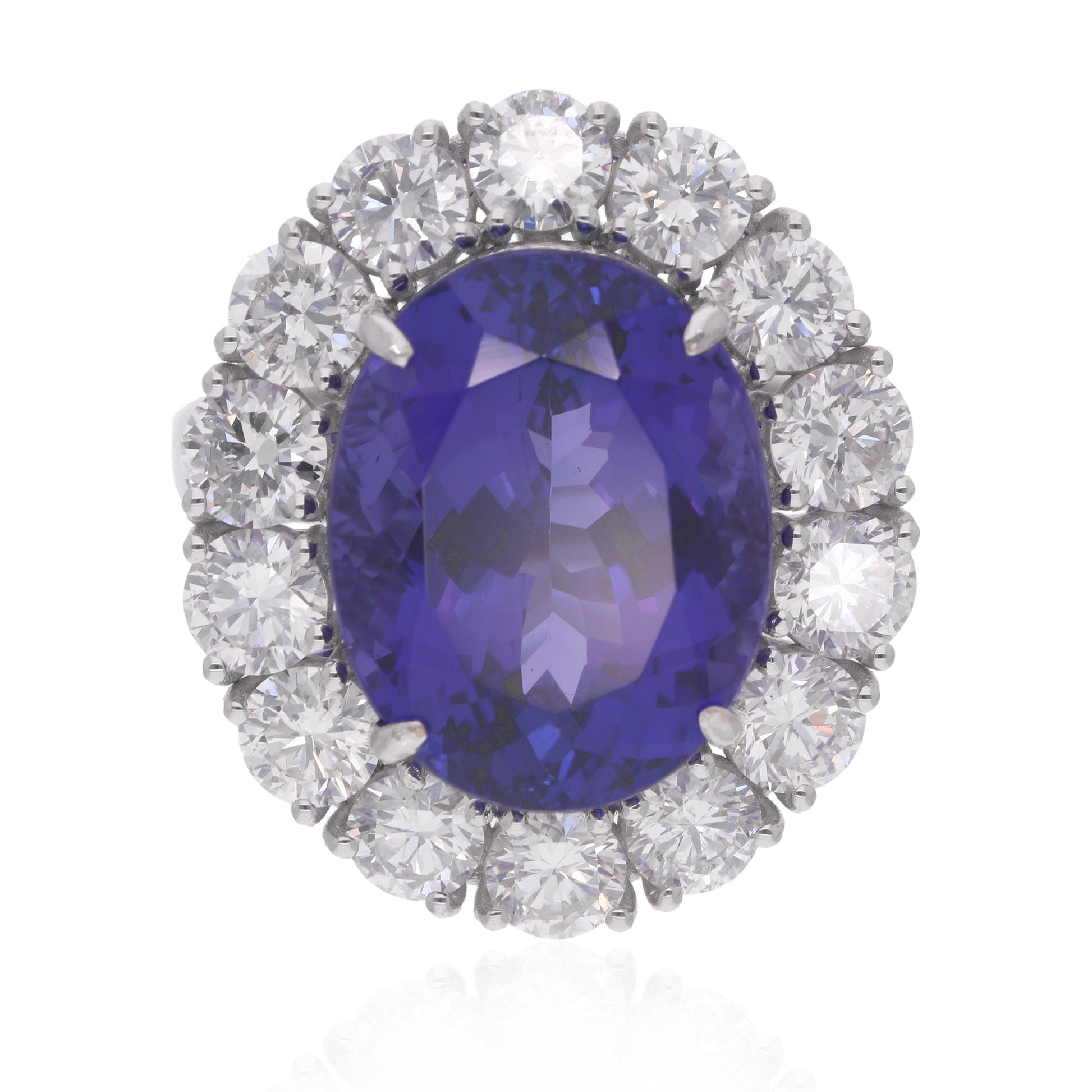 15.62 Tcw Natural SI/H Diamond Oval Tanzanite Gemstone Gold Halo Ring