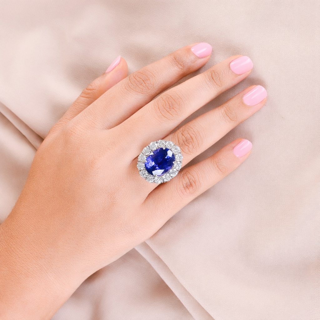 15.62 tcw Natural Diamond Oval Tanzanite Gemstone Halo Ring