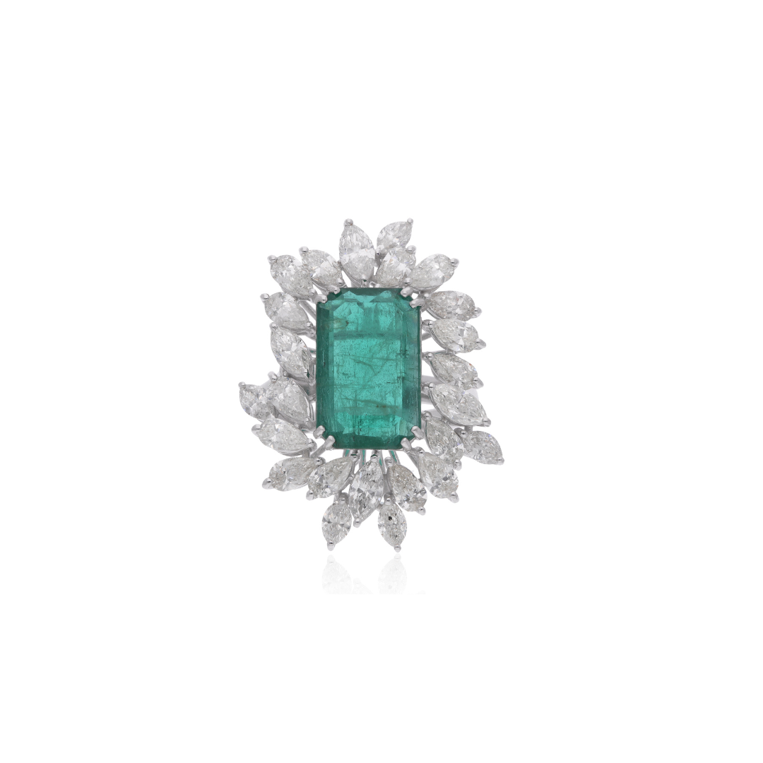 8.23Tcw Fine Gold Natural H/SI Zambian Emerald Gemstone Halo Diamond Cluster Ring