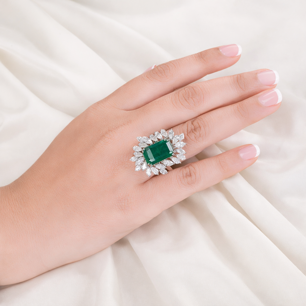 Natural Zambian Emerald Gemstone Ring with Diamond Halo