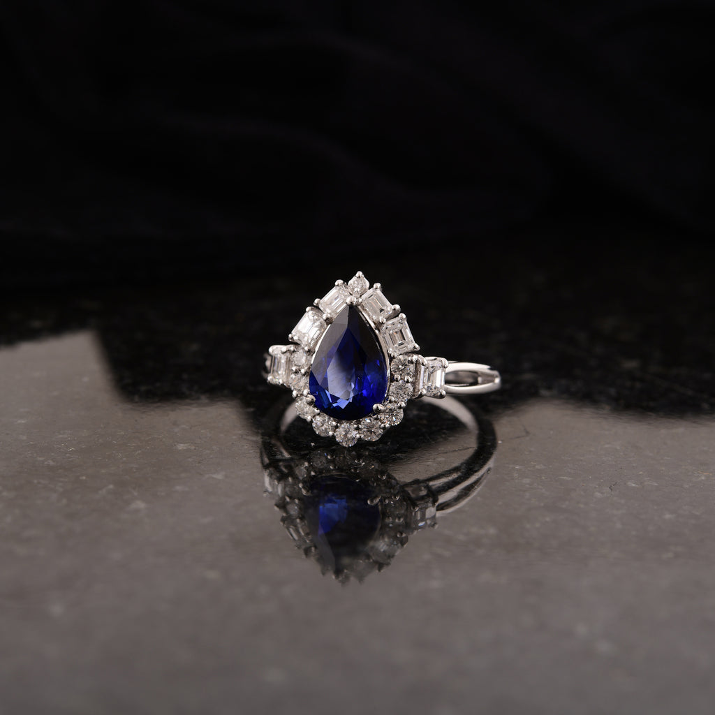 2.66Tcw Pear Cut Blue Sapphire SI/HI Halo Diamond Engagement Solid Gold Ring