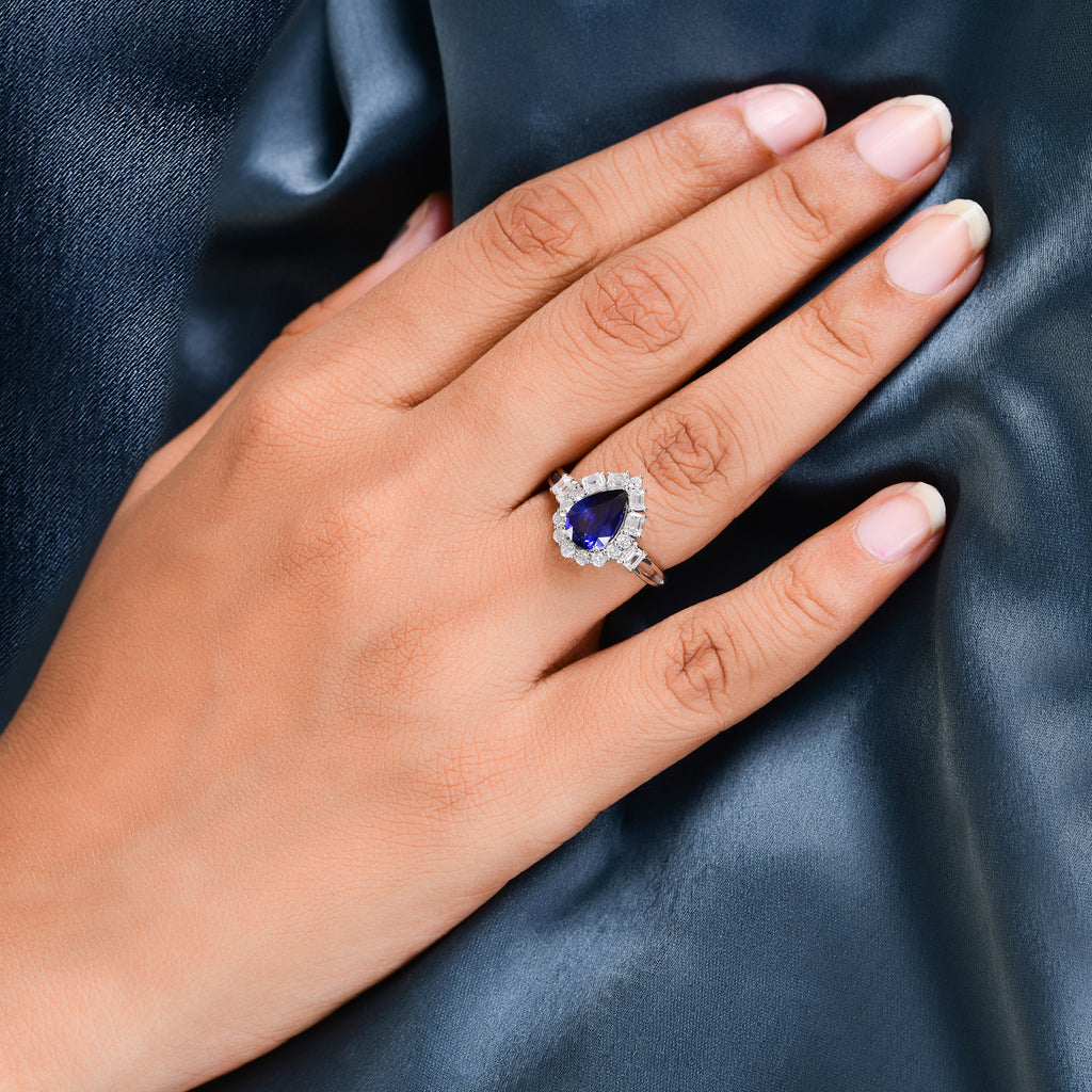 2.66Tcw Pear Cut Blue Sapphire SI/HI Halo Diamond Engagement Solid Gold Ring