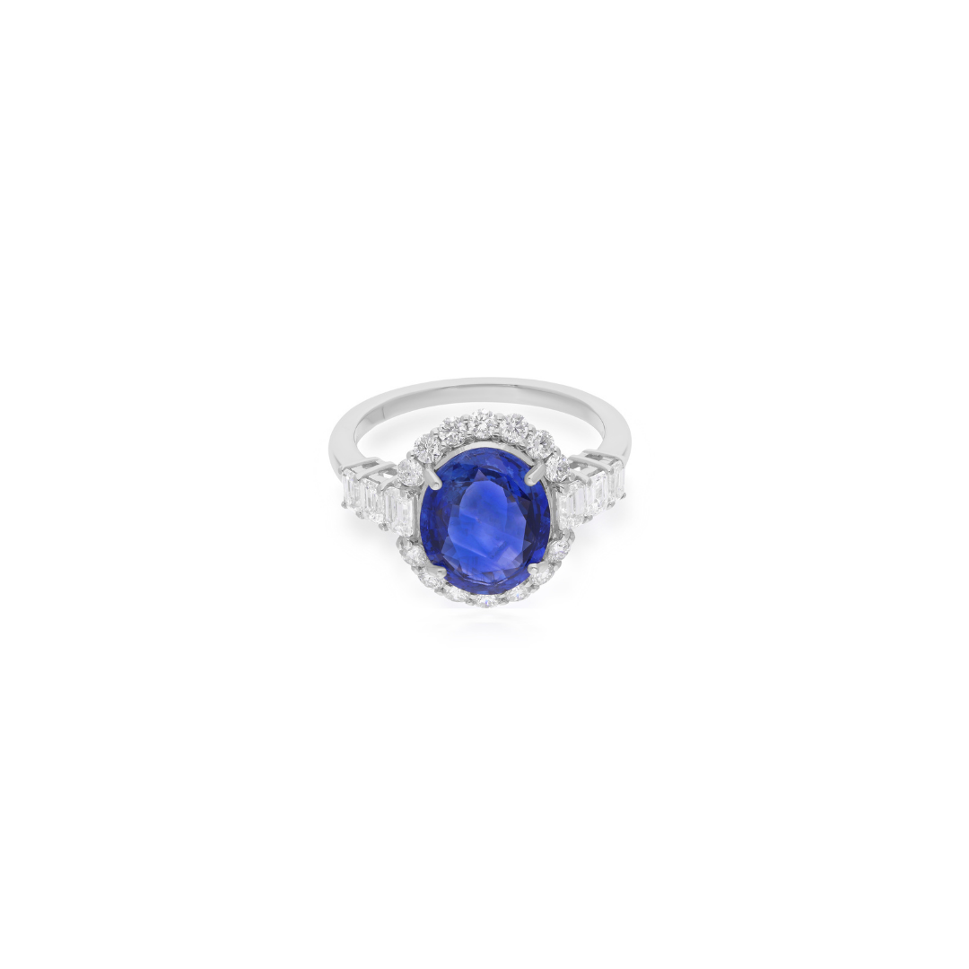 4.64Tcw Blue Sapphire Gemstone Halo Diamond Wedding Gold Ring