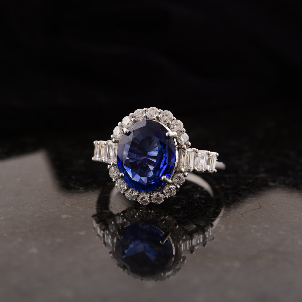 4.64Tcw Blue Sapphire Gemstone Halo Diamond Wedding Gold Ring