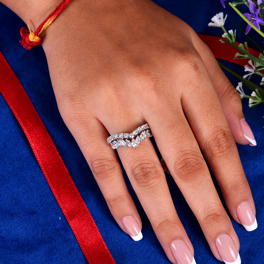 Genuine Marquise Round Cut Diamond Double Band Ring